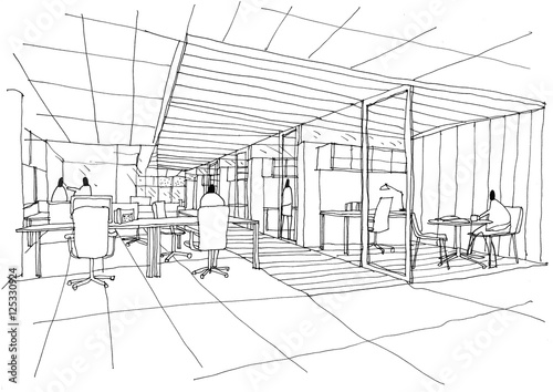 Outline sketch drawing and paint of a interior space,workstation office 