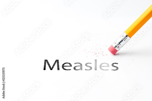 Closeup of pencil eraser and black measles text. Measles. Pencil with eraser.