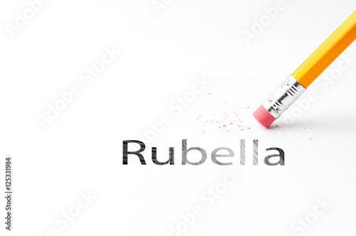 Closeup of pencil eraser and black rubella text. Rubella. Pencil with eraser. © DmytroKozak