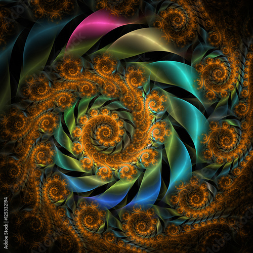 Abstract fantasy spiral ornament on black background. Creative f