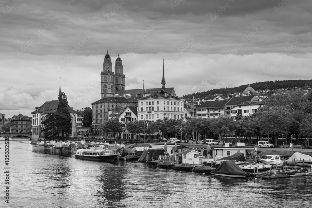 Zurich city center with Grossmunster Church and Limmat rive, Swi