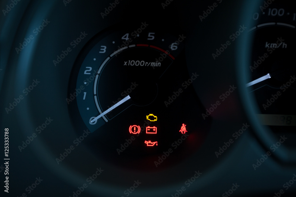 Naklejka premium Set of car dash boards engine meter, warning symbol, on black ba