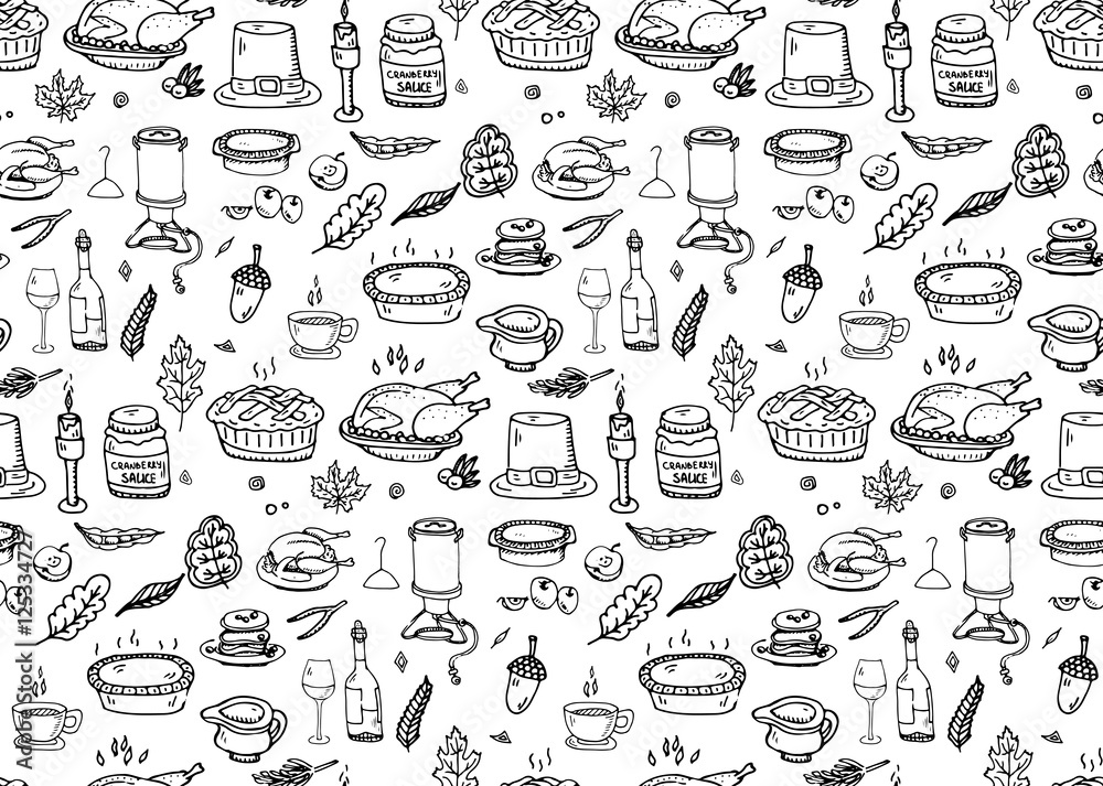 Fototapeta Wzór ciągnione doodle zestaw ikon Święto Dziękczynienia. Wektorowa ilustracyjna jesień symboli / lów kolekcja. Cartoon różne elementy uroczystości: indyk, kapelusz, żurawina, warzywa, ciasto z dyni, liście