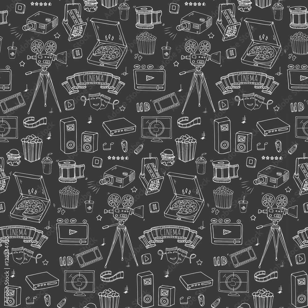 Stockvector Seamless pattern Hand drawn doodle Cinema set. Vector  illustration. Movie making icons. Film symbols collection. Cinematography  freehand: camera, film tape, photo camera, pizza, popcorn, projector. |  Adobe Stock