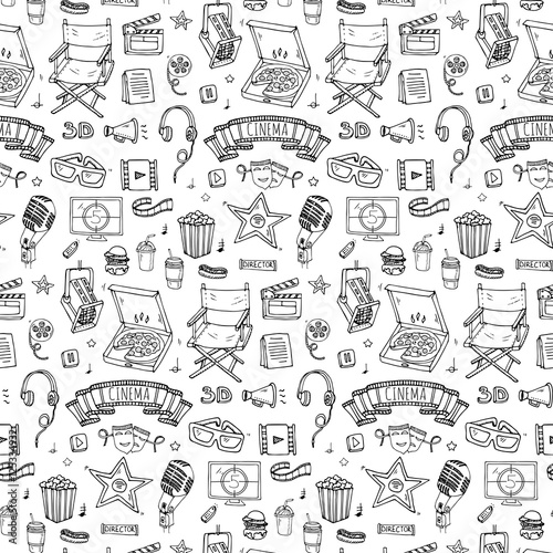 Seamless pattern Hand drawn doodle Cinema set. Vector illustration. Movie making icons. Film symbols collection. Cinematography freehand: camera, film tape, photo camera, pizza, popcorn, projector.