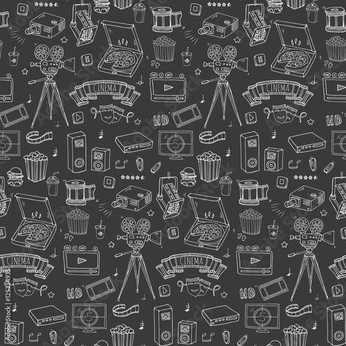 Seamless pattern Hand drawn doodle Cinema set. Vector illustration. Movie making icons. Film symbols collection. Cinematography freehand: camera, film tape, photo camera, pizza, popcorn, projector.