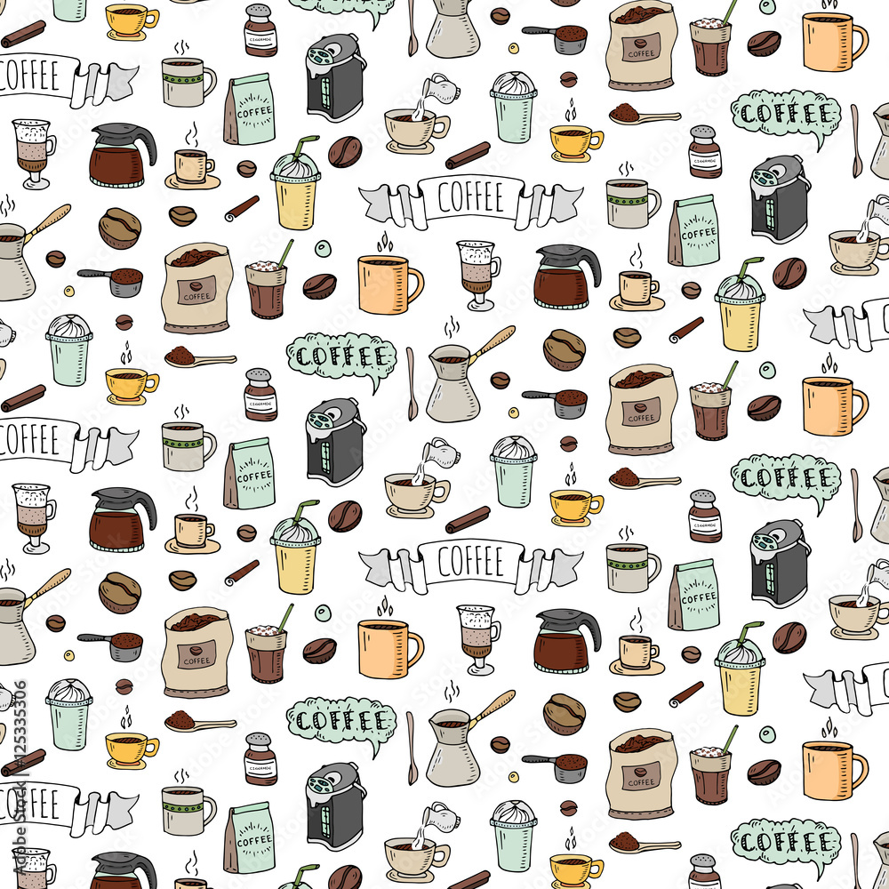 Seamless background hand drawn doodle Coffee time icons set Vector ...