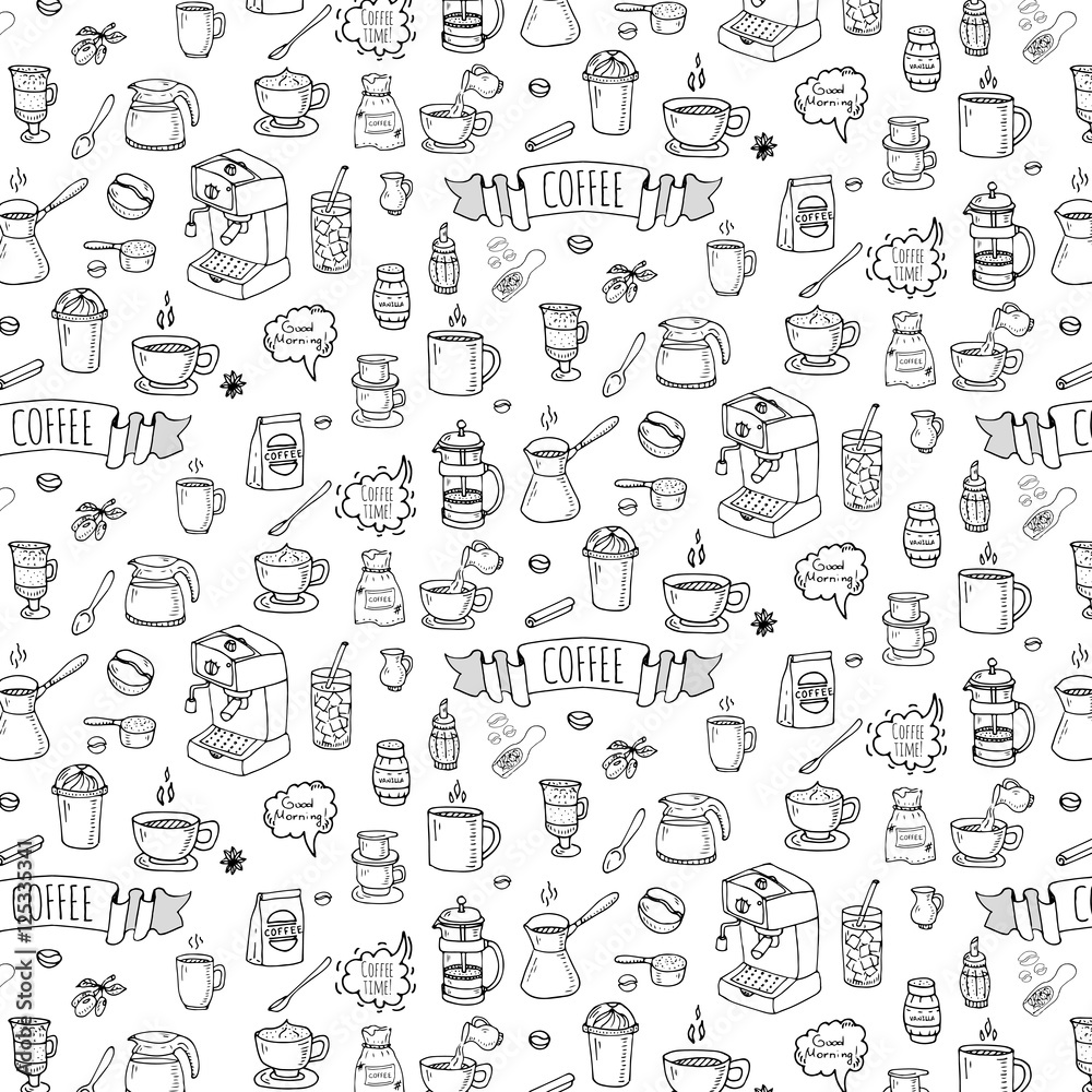 Seamless background hand drawn doodle Coffee time icons set Vector illustration isolated drink symbols collection Cartoon various beverage element: mug, cup, espresso, americano, irish, decaffeinated Seamless background hand drawn doodle Coffee time icons set Vector illustration isolated drink symbols collection Cartoon various beverage element: mug, cup, espresso, americano, irish, decaffeinated