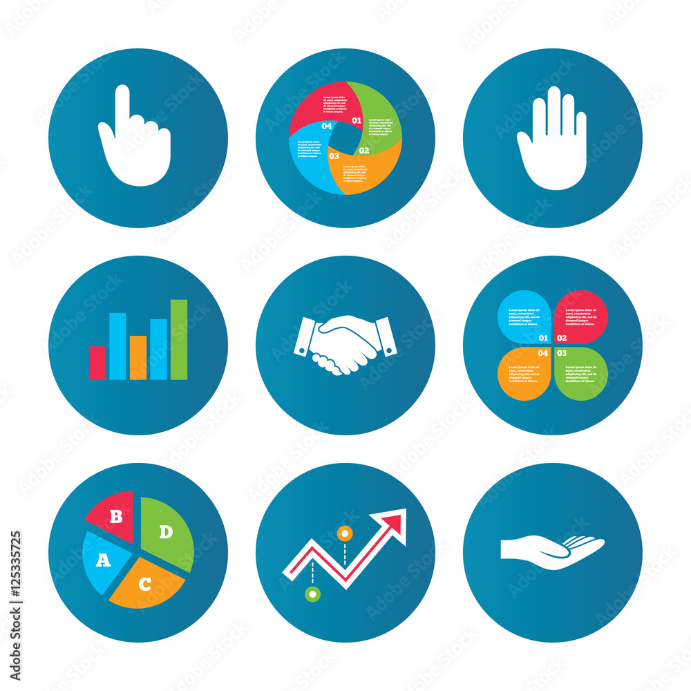 Hand icons. Handshake and click here symbols. Hand icons. Handshake and click here symbols.