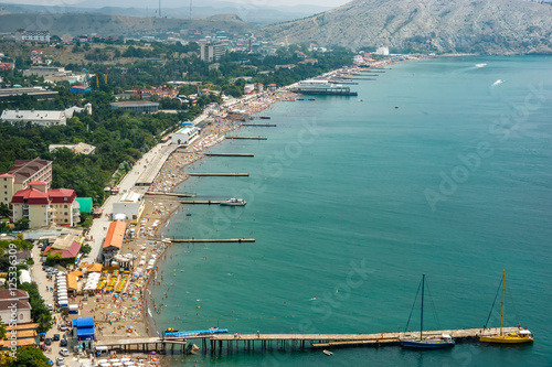 The beach of Sudak, between the Alchak mountain and Fortress mountain. Crimea. Sudak.