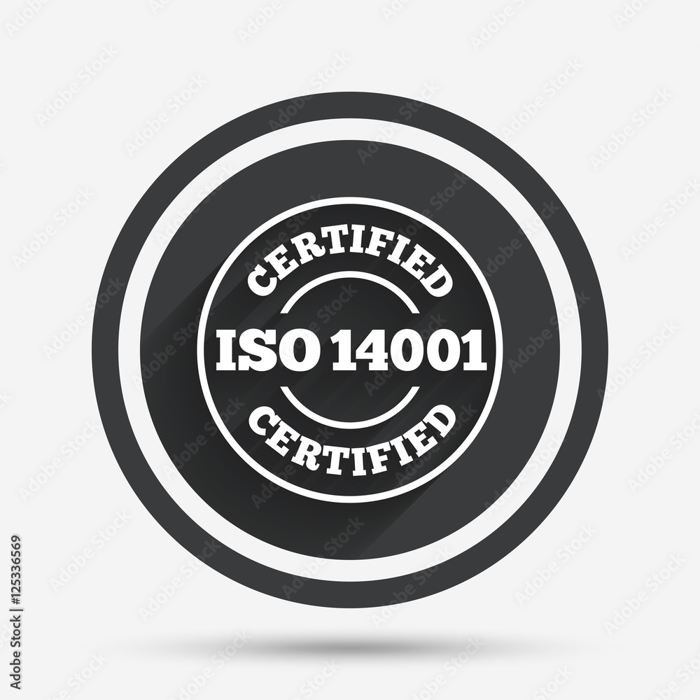 ISO 14001 certified sign. Certification stamp. ISO 14001 certified sign. Certification stamp.