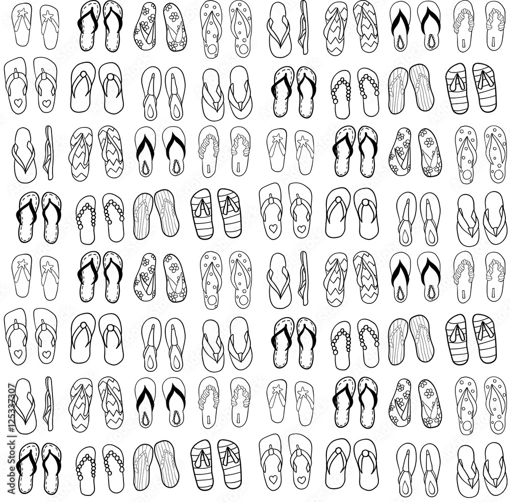 Cartoon style doodle sketch seamless pattern with various flip flops Cartoon style doodle sketch seamless pattern with various flip flops