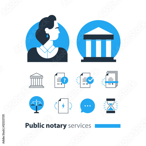 Public notary services icons set, law firm man advocacy consult document certify