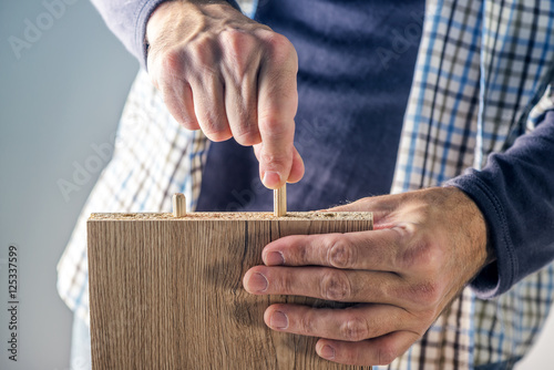 Man assembling furniture at home, hand with wooden dowel pins photo