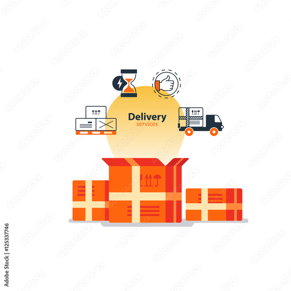 Delivery logistics serveces icons set, move boxes, loading truck, time