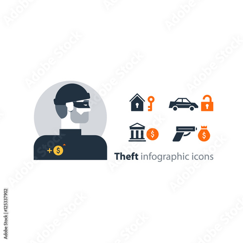 Criminal stealing money, bank robbery, home burglary, car insurance, gun icon