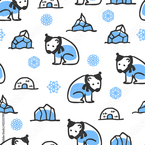 Seamless pattern with cute doodle polar bear. North animal with snowflakes and icebergs. Funny bear wears scarf