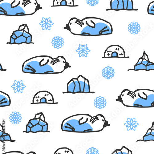 Seamless pattern with cute doodle walrus. North animal with snowflakes, igloo and icebergs. Funny walrus wears hat
