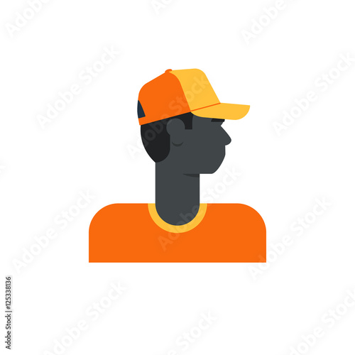 Black school boy, side view, turned head, delivery man, orange courier services
