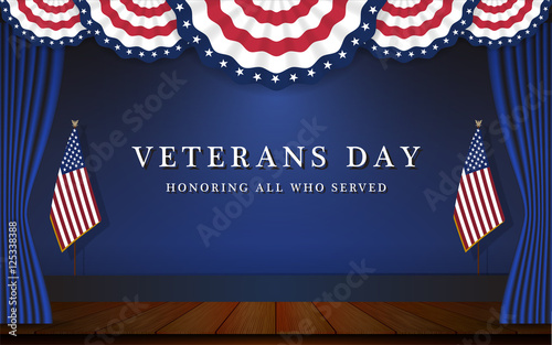 Veterans Day Background With Circle Wavy USA Flag and Stage Scene Design. Vector illustration
