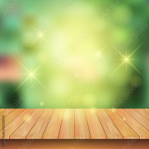 Wooden board with spark light and nature green background. Vector illustration