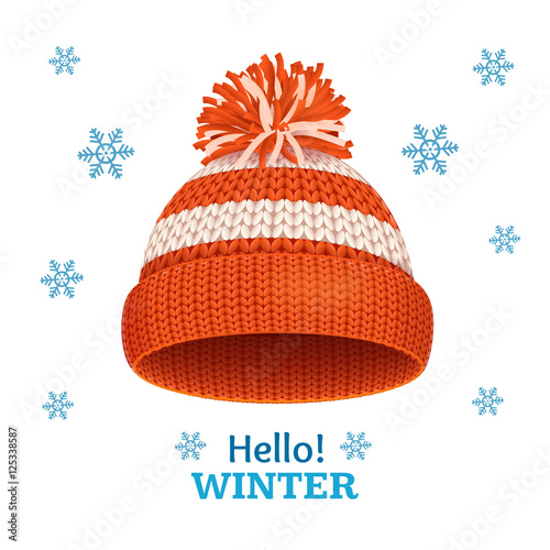Knitted Woolen Red Hat for Winter Season Card. Vector