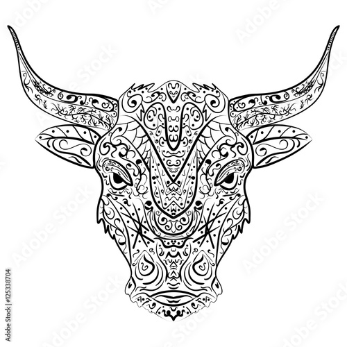 Patterned head of the bull, vector illustration in zentangle style