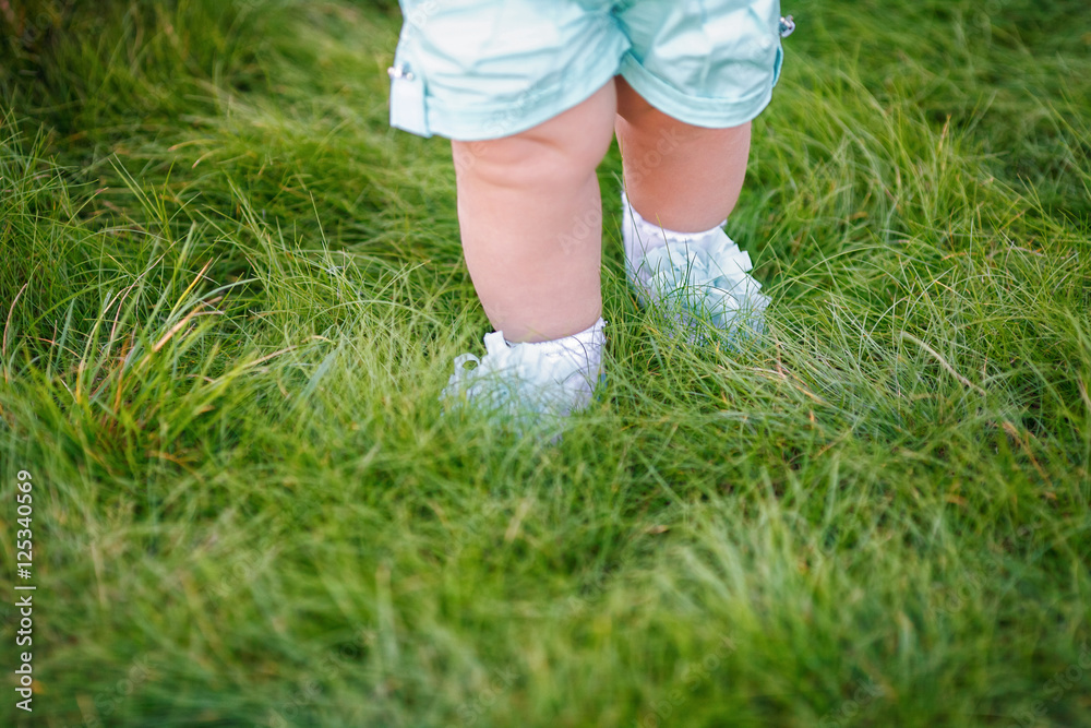 First steps of little girl in summer park on grass First steps of little girl in summer park on grass