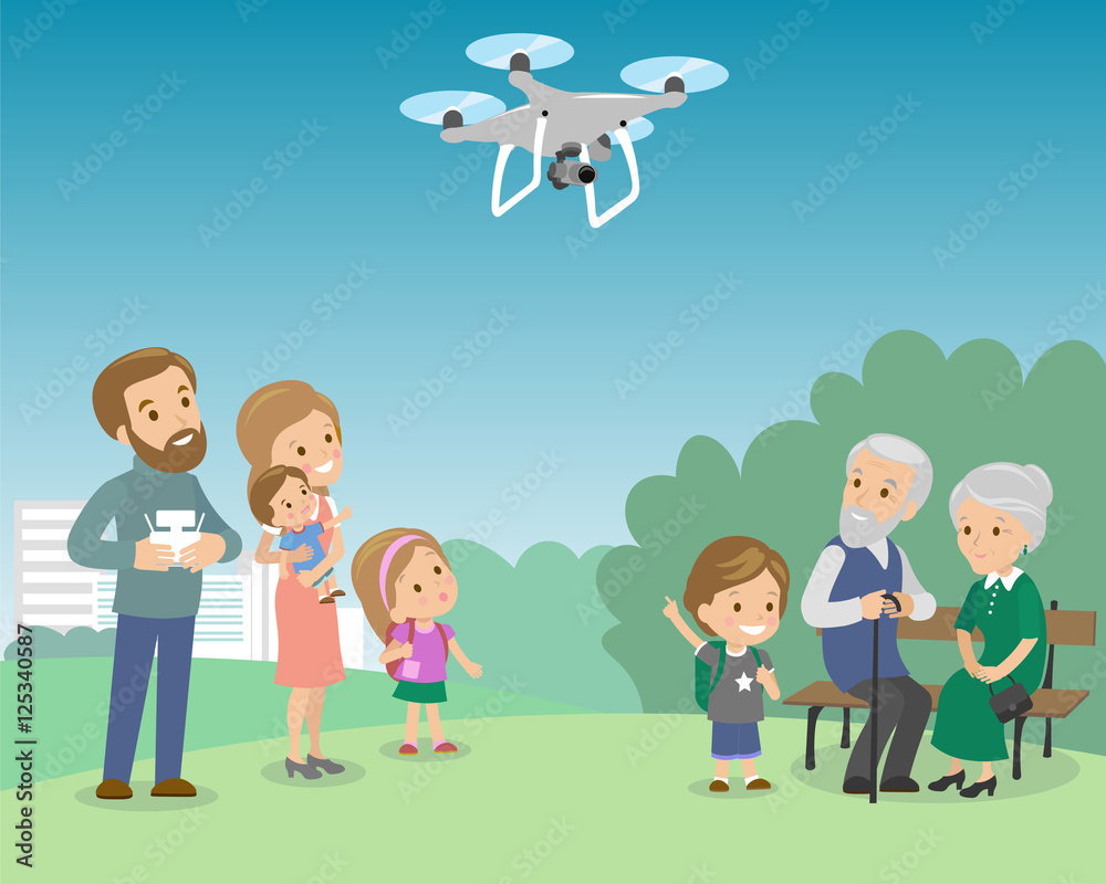 Big family with mother father grandmother grandfather kids baby child set. Drone in the park quadrocopter vector