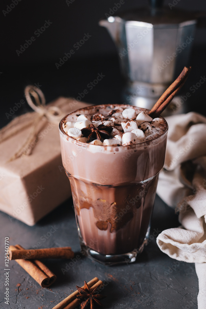 Cocoa or latte or hot chocolate with marshmallow and flavored with cinnamon. On a gray concrete background. Christmas present. Christmas concept. Christmas holiday. Cocoa or latte or hot chocolate with marshmallow and flavored with cinnamon. On a gray concrete background. Christmas present. Christmas concept. Christmas holiday.