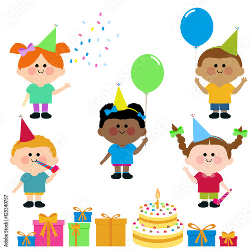 Children with party hats, balloons, boxes with presents and a birthday cake. Vector illustration