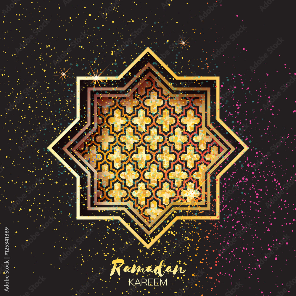 Golden Festive Ramadan crescent moon, stars. Greeting card. Golden Festive Ramadan crescent moon, stars. Greeting card.