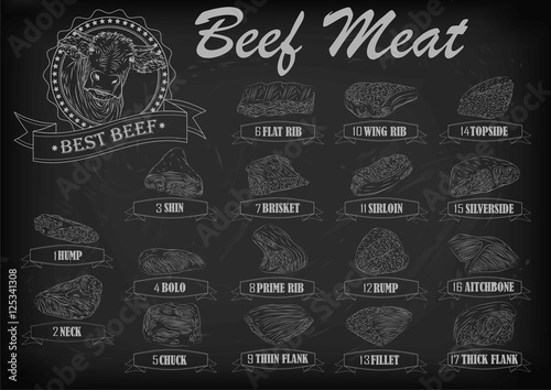 Beef cow bull whole carcass cuts cut parts infographics scheme 
