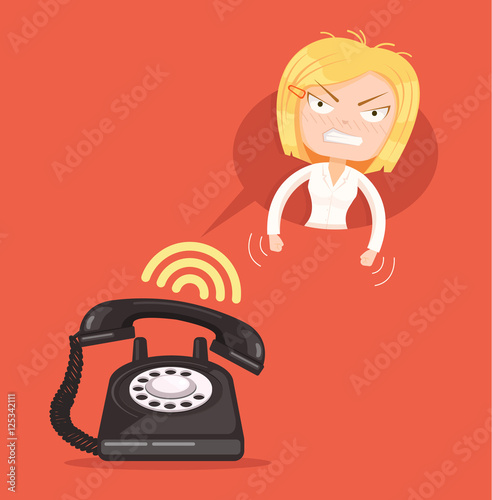 Angry office woman character call. Vector flat cartoon illustration