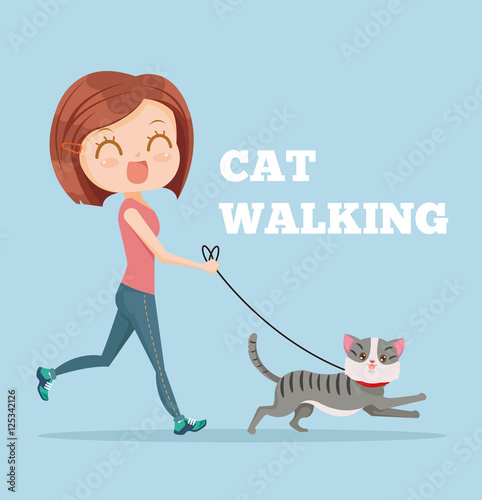 Cartoon woman running with her cat. Cat walking. Vector flat cartoon illustration