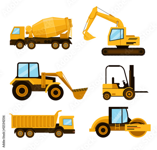 Construction cars icon set. Vector flat cartoon illustration