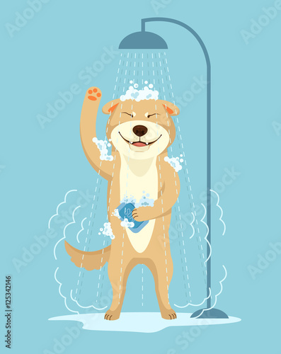 Dog take shower. Dog grooming. Dog service. Vector flat cartoon illustration