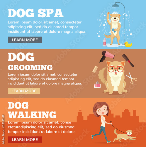 Dog grooming. Dog service. Vector flat cartoon illustration banners set