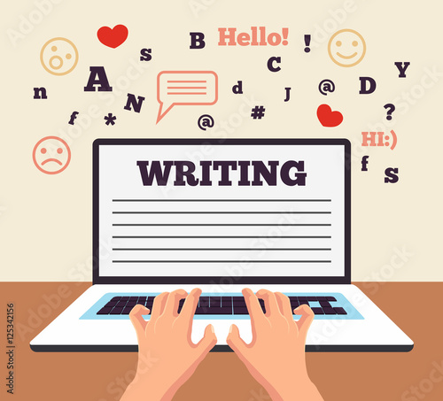 Hand typing on laptop. Social network. Vector flat cartoon illustration