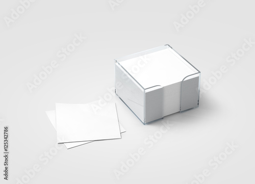 Blank white sticker note block plastic holder mockup, clipping path, 3d rendering. Plain office memo in transparent glass box mock up. Post it notes template. Loose adhesive papers for logo design.