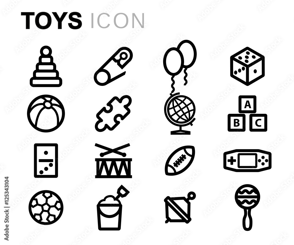Obraz premium Vector black line toys icons set