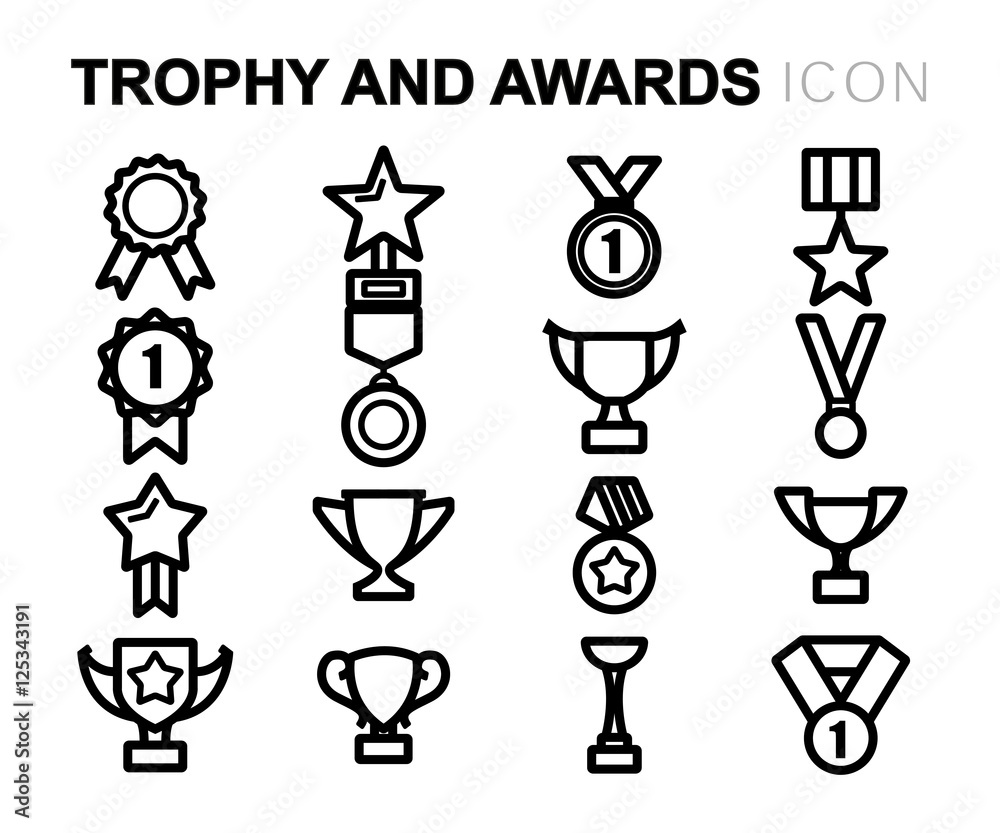 Vector black line trophy and awards icons set Vector black line trophy and awards icons set