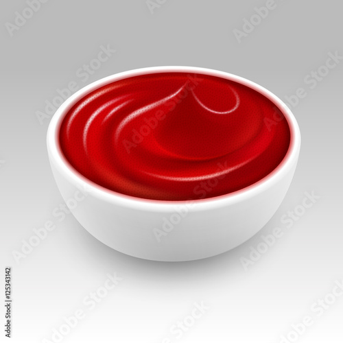 White Bowl of Red Tomato Ketchup Sauce Close up Isolated on White Background