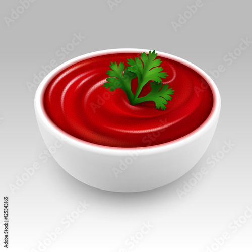 White Bowl of Red Tomato Ketchup Sauce with Green Parsley Close up Isolated on White Background