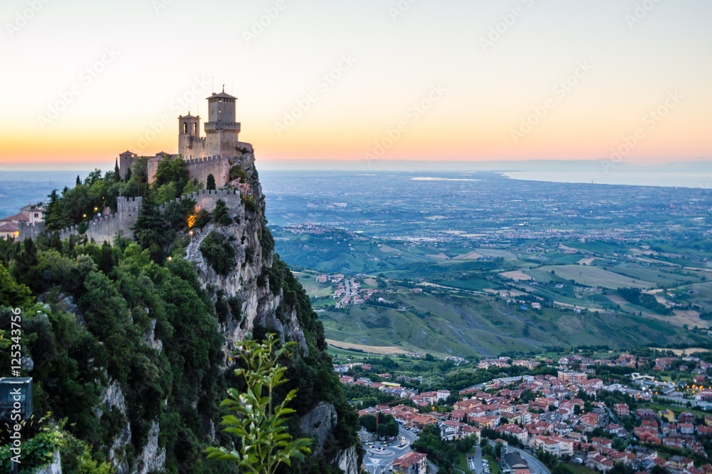 Rocca della Guaita, the most ancient fortress of San Marino in the sunset time