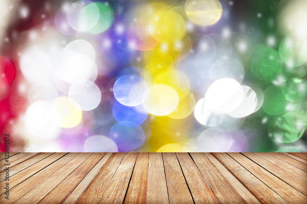 image of wood table and blurred bokeh background with colorful l image of wood table and blurred bokeh background with colorful l