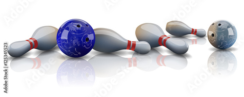Vector realistic bowling balls and lying bowling pins with mirror reflection.