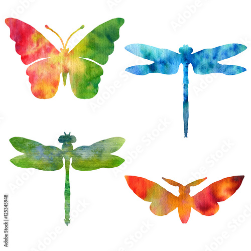 set of color watercolor silhouettes of butterflies photo