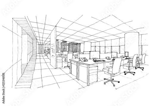 Outline sketch drawing and paint of a interior space,workstation office	