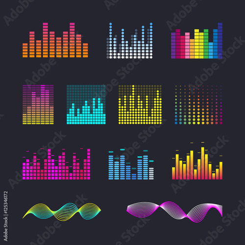 Set colorful ui ux music equalizer sound waves. Audio electronic bar. Music waves interface. Dj vector illustration. Colorful light audio signal.